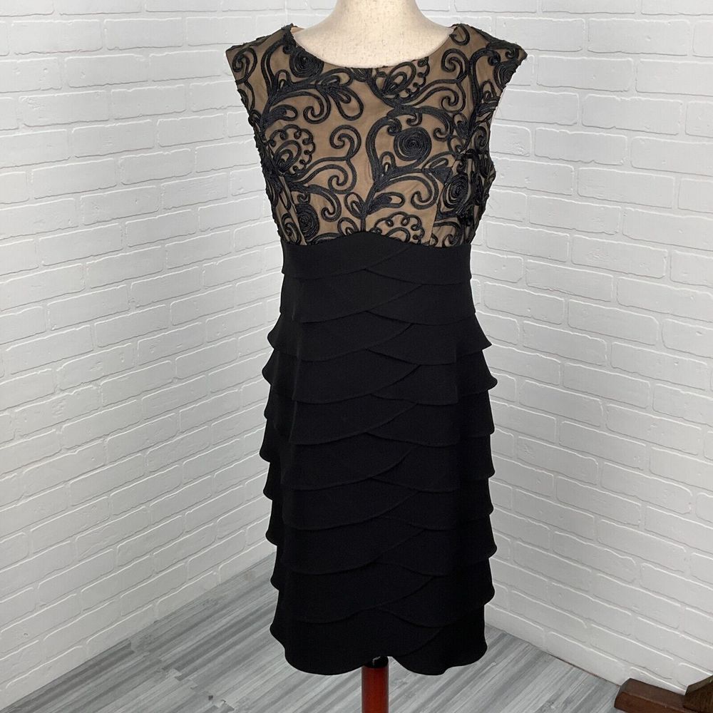 Jessica Howard Dress Women 6 Black Nude Lace Floral Cord Ruffle Sheath Formal‎